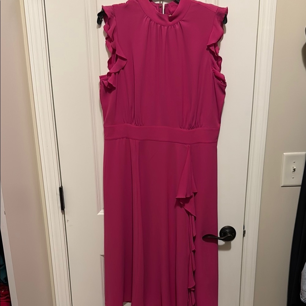 eShakti Pink Ruffled Midi Dress Mock Neck Sleeveless